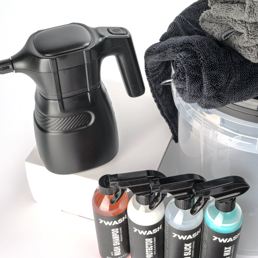 7WASH Autopflege Komplett Set mit Foamsprüher, Mikrofasertüchern, Wascheimer und Fahrzeugpflege Produkten