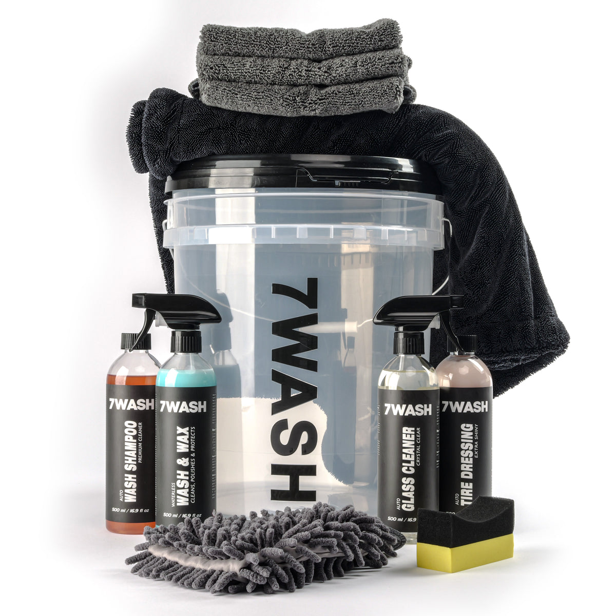7WASH Exterior Finish Set: transparenter 19L Eimer mit Auto Wash Shampoo, Wash & Wax, Glass Cleaner und Tire Dressing (je 500 ml), Waschhandschuh, Mikrofasertüchern und Applikator-Pad