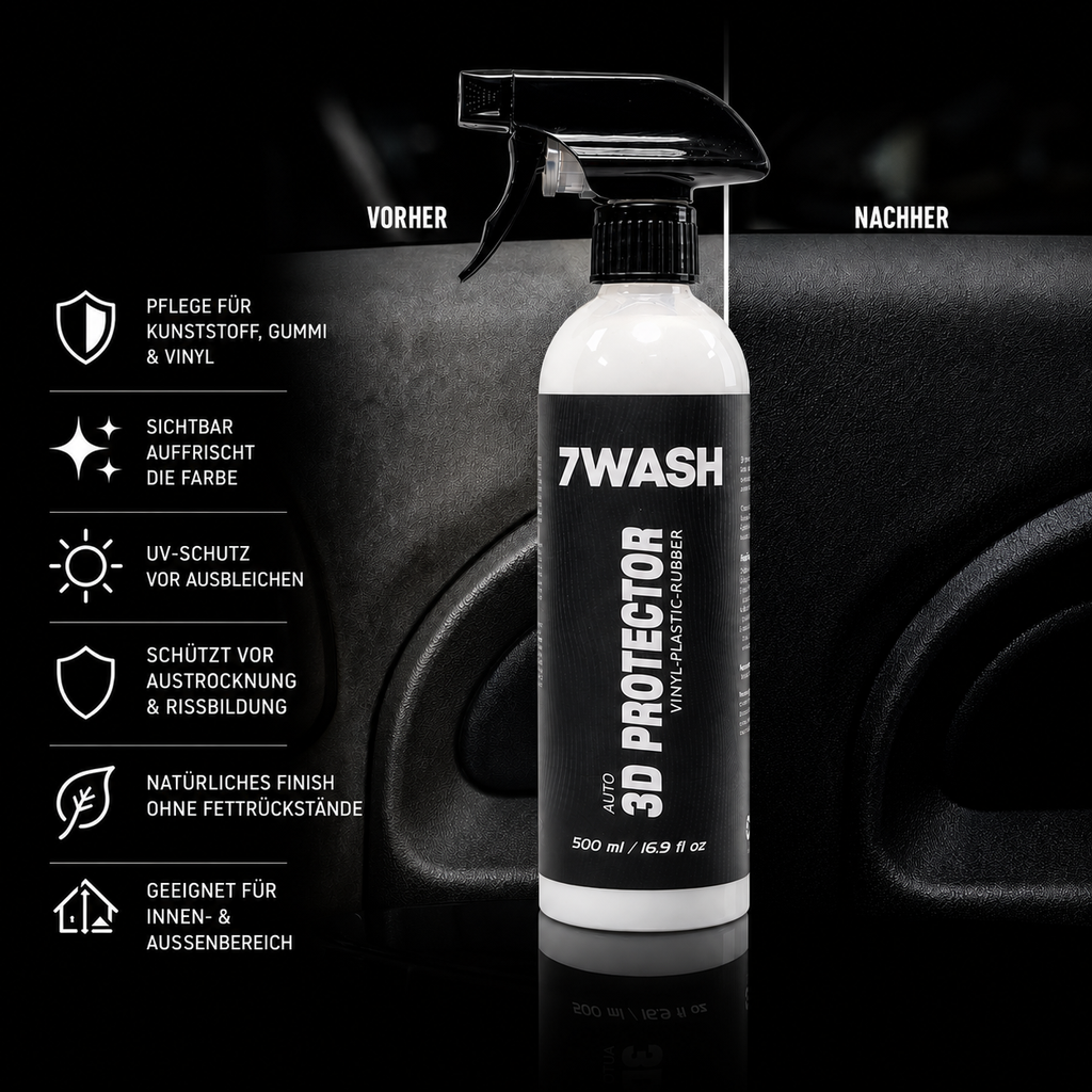 7WASH Kunststoff- & Gummipflege 500 ml 3D Protector für Innen- und Außenbereiche zur Pflege von Kunststoff- und Gummiteilen mit UV-Schutz, Farbauffrischung und professionellem Car Detailing