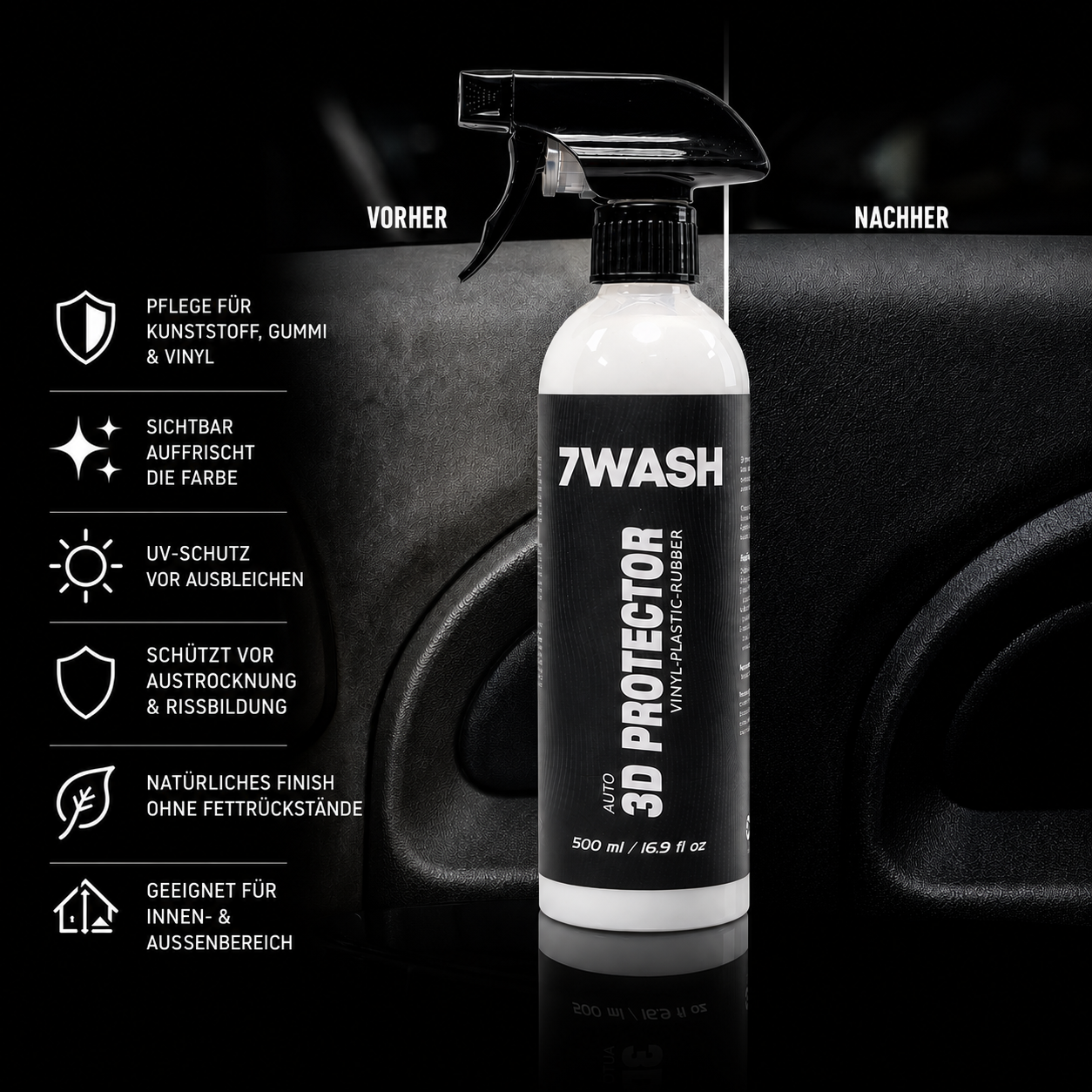 7WASH Kunststoff- & Gummipflege 500 ml 3D Protector für Innen- und Außenbereiche zur Pflege von Kunststoff- und Gummiteilen mit UV-Schutz, Farbauffrischung und professionellem Car Detailing