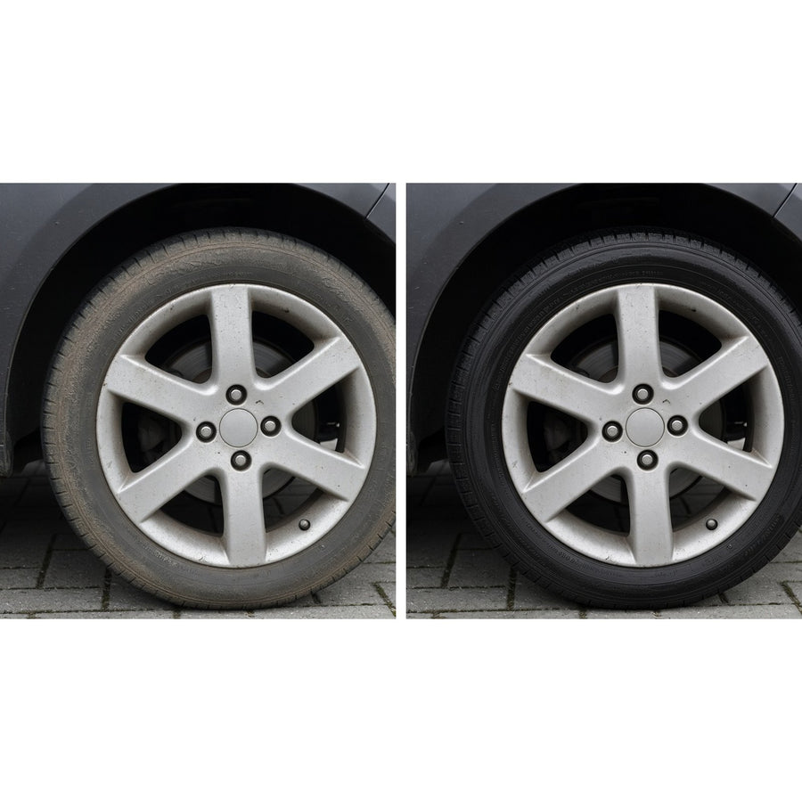 Tire Dressing vorher/nachher: matter Reifen links, tiefschwarz gepflegter Reifen rechts