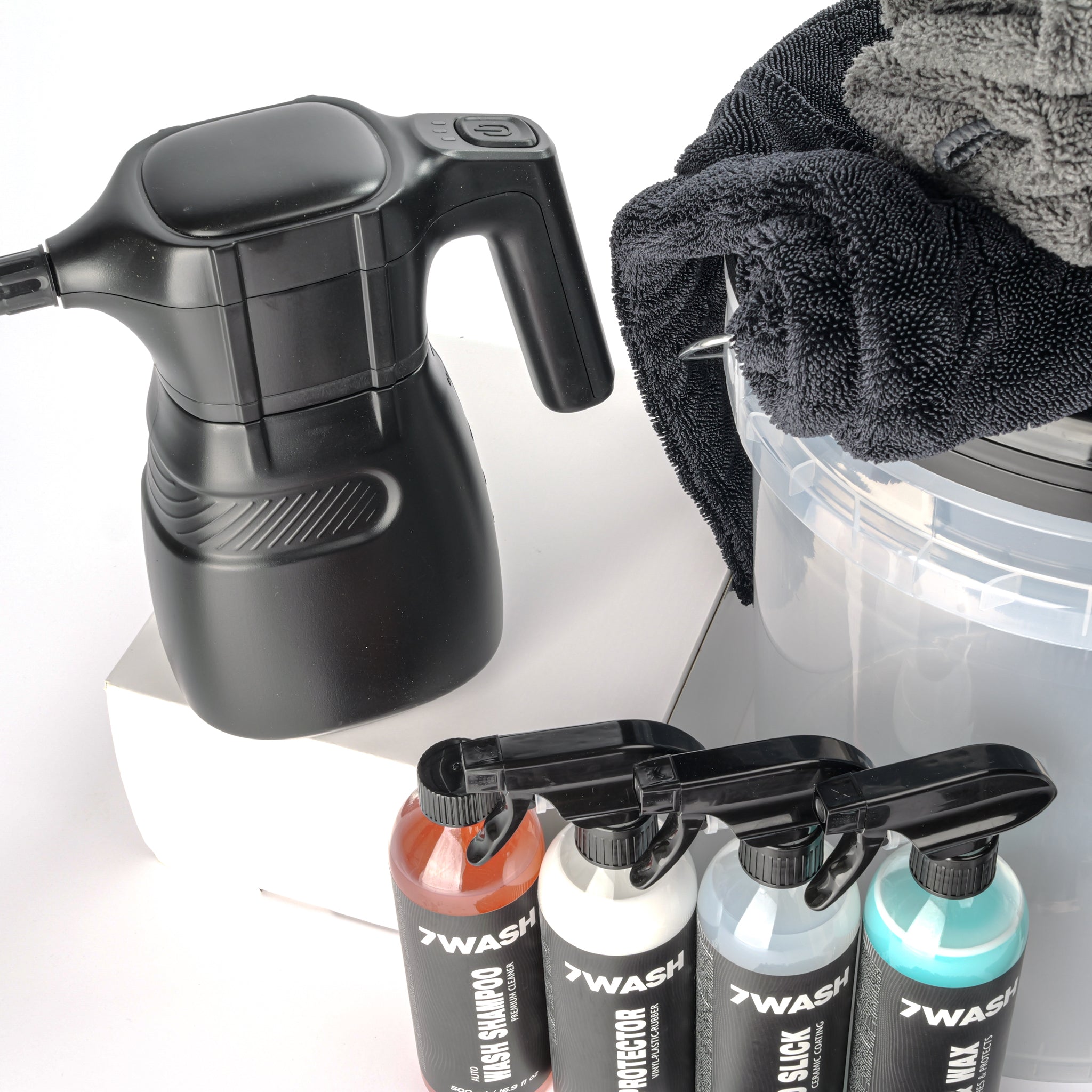 7WASH Autopflege Komplett Set mit Foamsprüher, Mikrofasertüchern, Wascheimer und Fahrzeugpflege Produkten