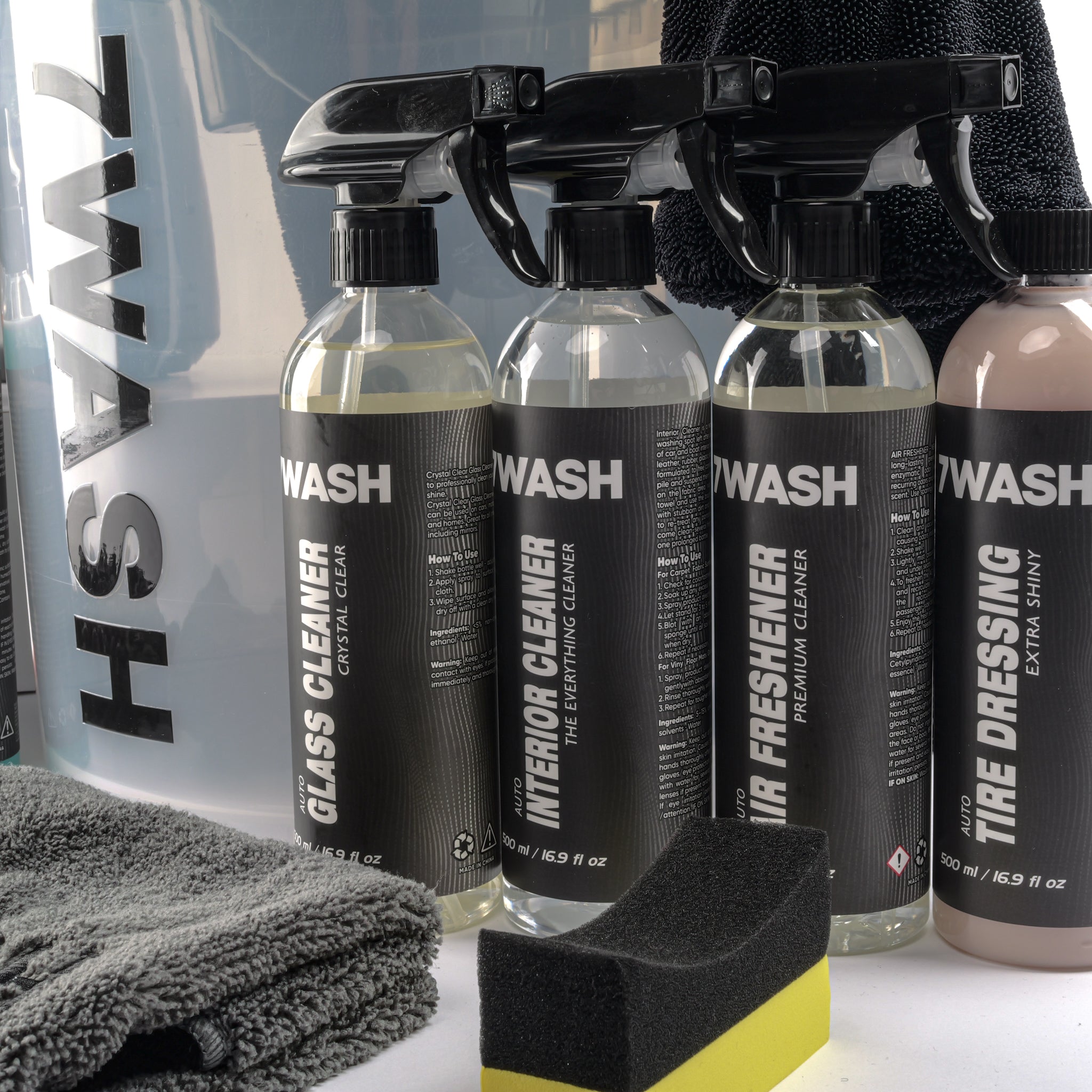 7WASH Autopflege Komplett Set mit Foamsprüher, Mikrofasertüchern, Wascheimer und Fahrzeugpflege Produkten