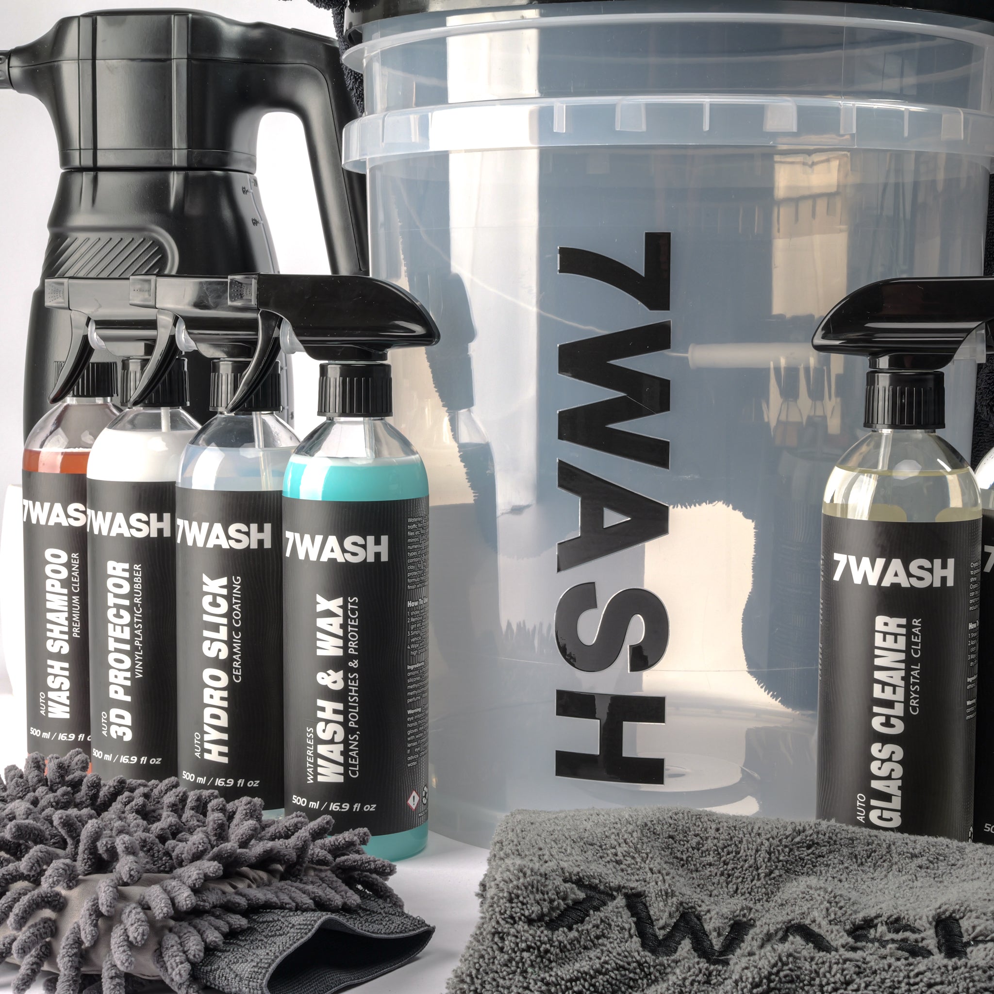 7WASH Autopflege Komplett Set mit Foamsprüher, Mikrofasertüchern, Wascheimer und Fahrzeugpflege Produkten