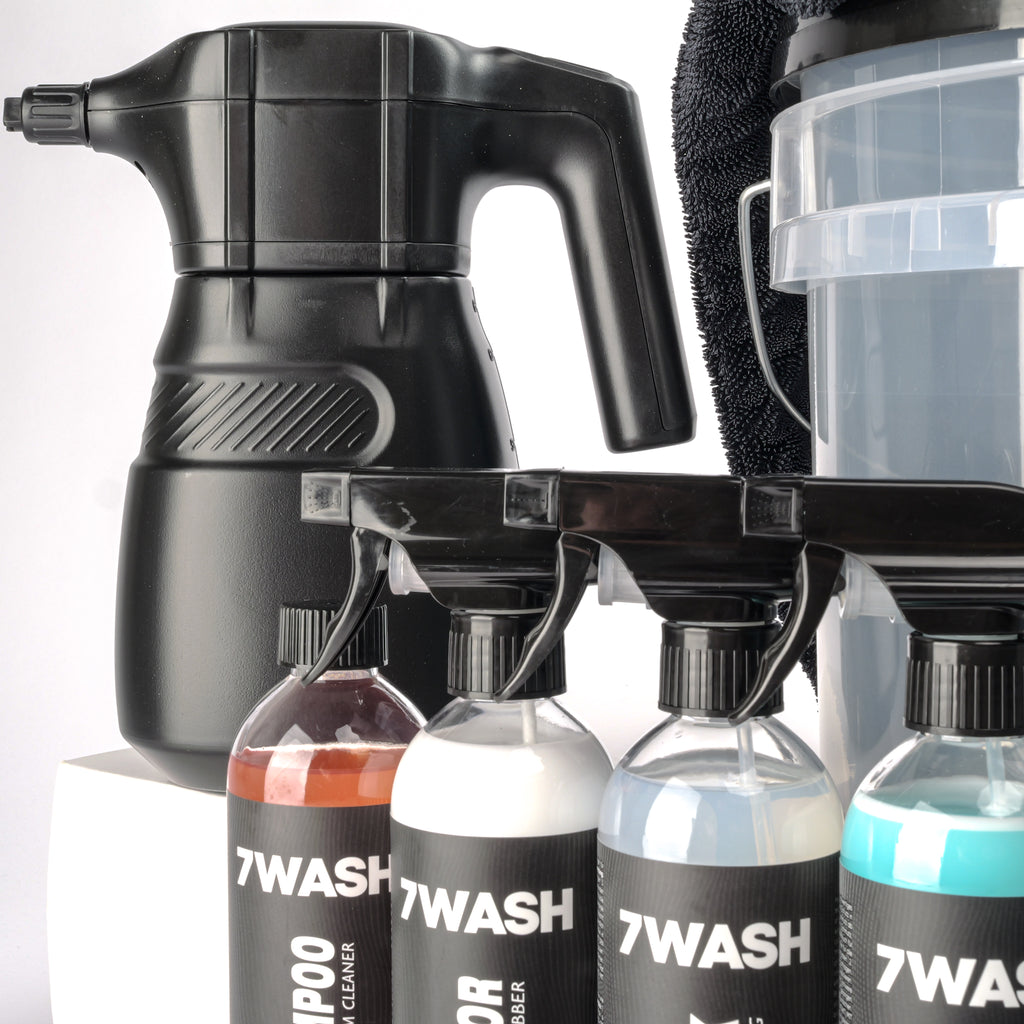 7WASH Autopflege Komplett Set mit Foamsprüher, Mikrofasertüchern, Wascheimer und Fahrzeugpflege Produkten