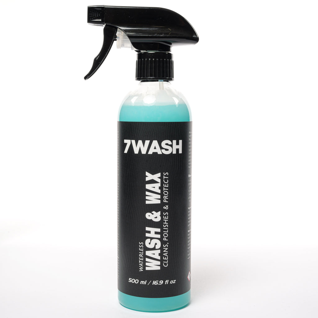 7WASH Wash & Wax Waterless 500 ml wasserloser Autoreiniger Flaschenrückseite mit Anwendungshinweisen für schnelle Autowäsche, Lackschutz und Car Detailing ohne Wasser
