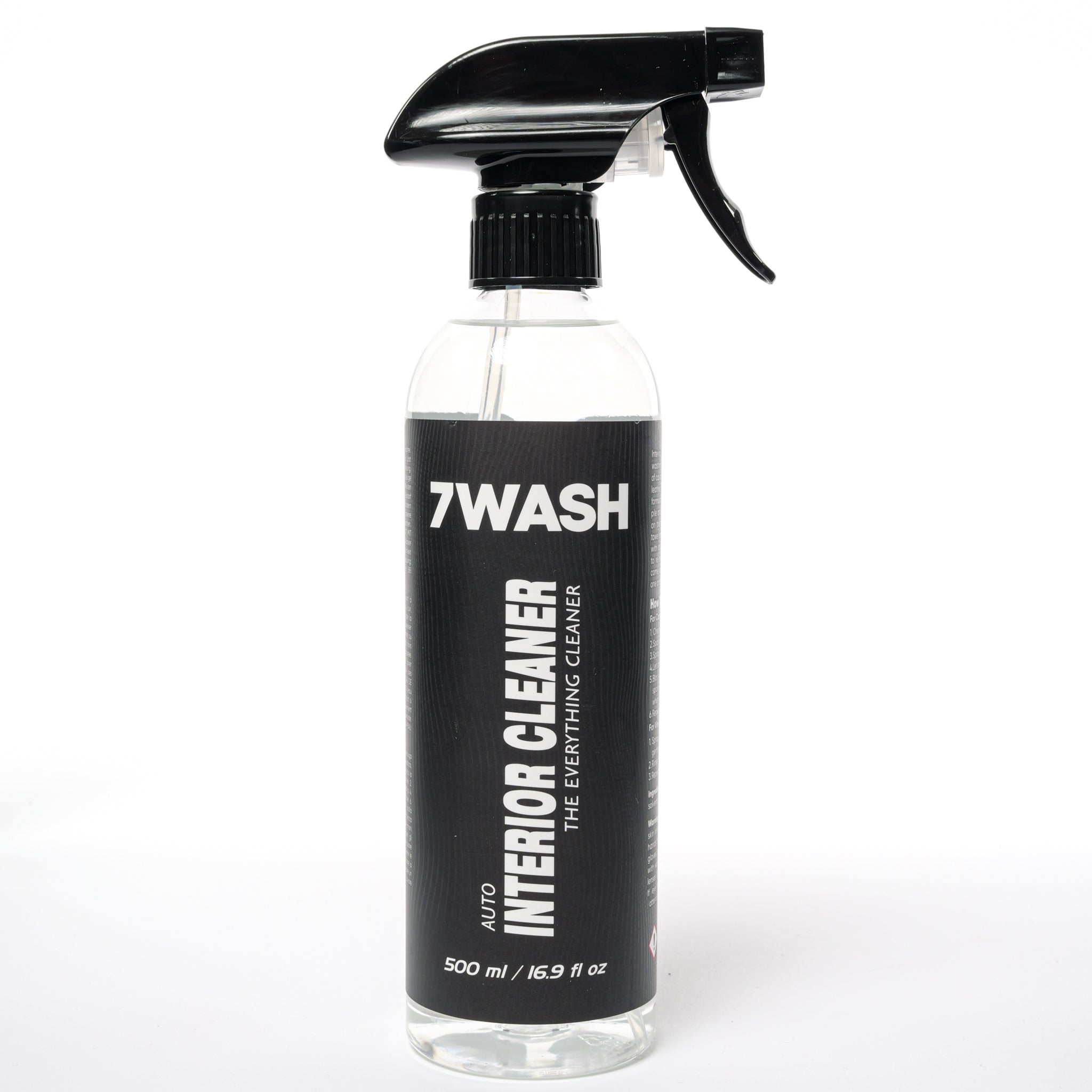 7WASH Interior Cleaner 500 ml Innenraumreiniger Flaschenrückseite mit Anwendungshinweisen für Armaturenbrett, Kunststoff, Leder und professionelle Innenraumreinigung im Auto Car Detailing