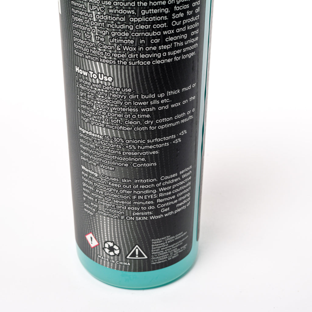 7WASH Wash & Wax Waterless 500 ml wasserloser Autoreiniger Flaschenrückseite mit Anwendungshinweisen für schnelle Autowäsche, Lackschutz und Car Detailing ohne Wasser