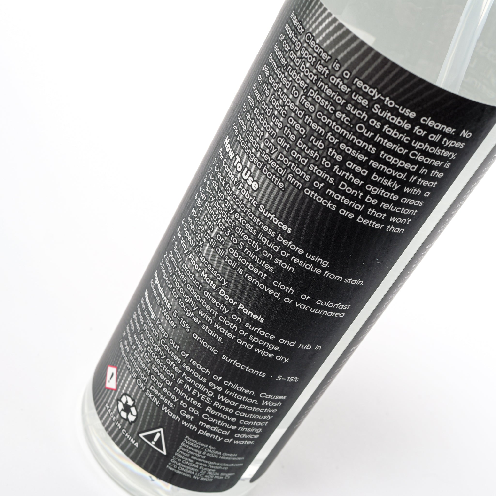 7WASH Interior Cleaner 500 ml Innenraumreiniger Flaschenrückseite mit Anwendungshinweisen für Armaturenbrett, Kunststoff, Leder und professionelle Innenraumreinigung im Auto Car Detailing