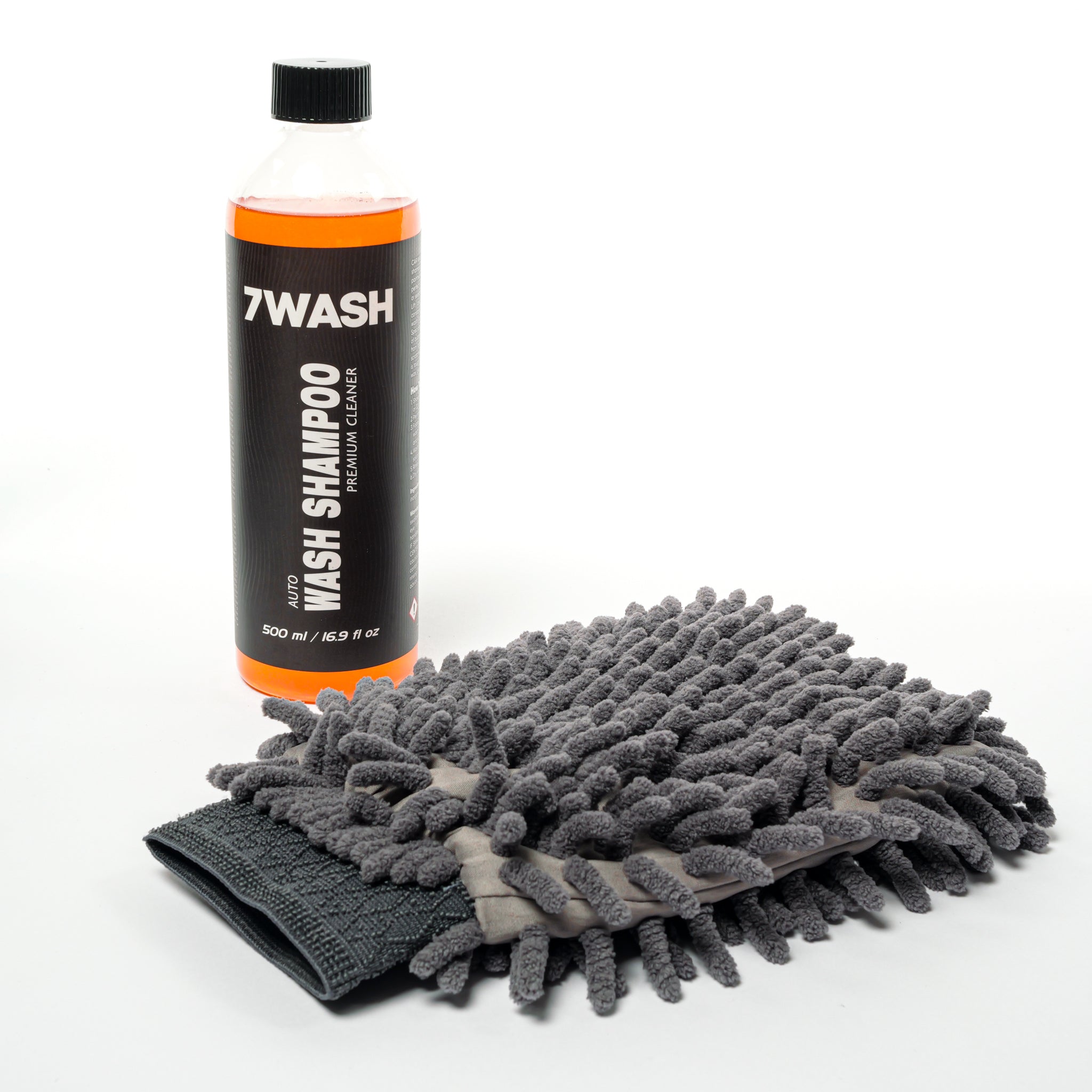 7WASH Shampoo Plus Set mit 500 ml Autoshampoo und grauem Mikrofaser Waschhandschuh für schonende Autowäsche, gründliche Lackreinigung und professionelles Car Detailing