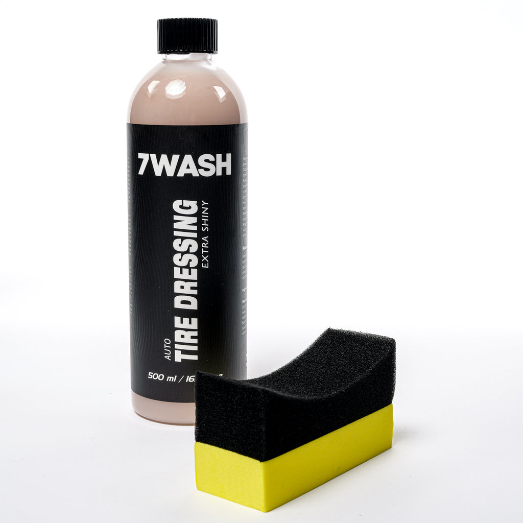 7WASH Tire Dressing Extra Shiny 500 ml mit schwarzem Auftragsschwamm für tiefschwarzen Reifenglanz, Reifenschutz und langanhaltende Reifenpflege beim Car Detailing