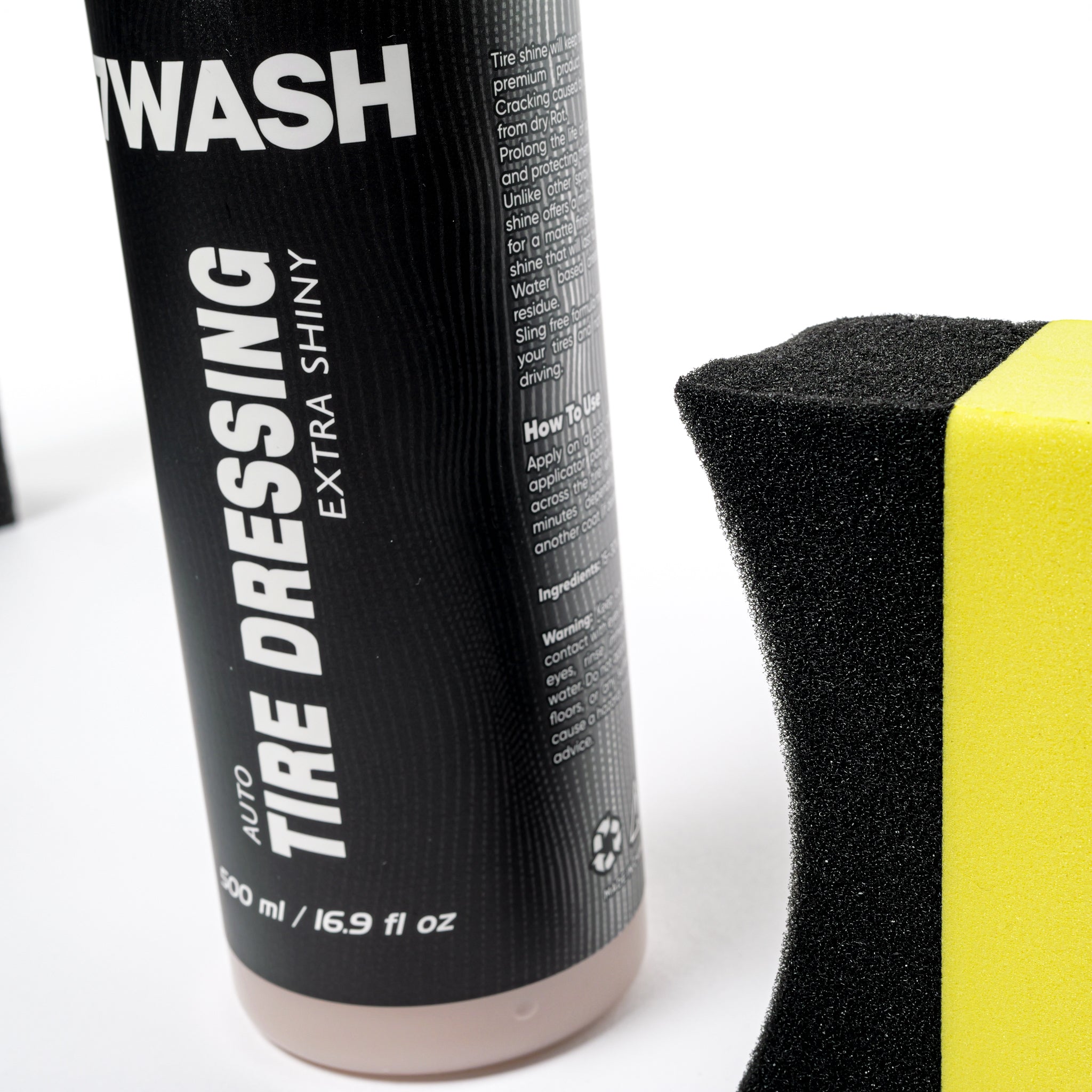 7WASH Tire Dressing Extra Shiny 500 ml mit schwarzem Auftragsschwamm für tiefschwarzen Reifenglanz, Reifenschutz und langanhaltende Reifenpflege beim Car Detailing