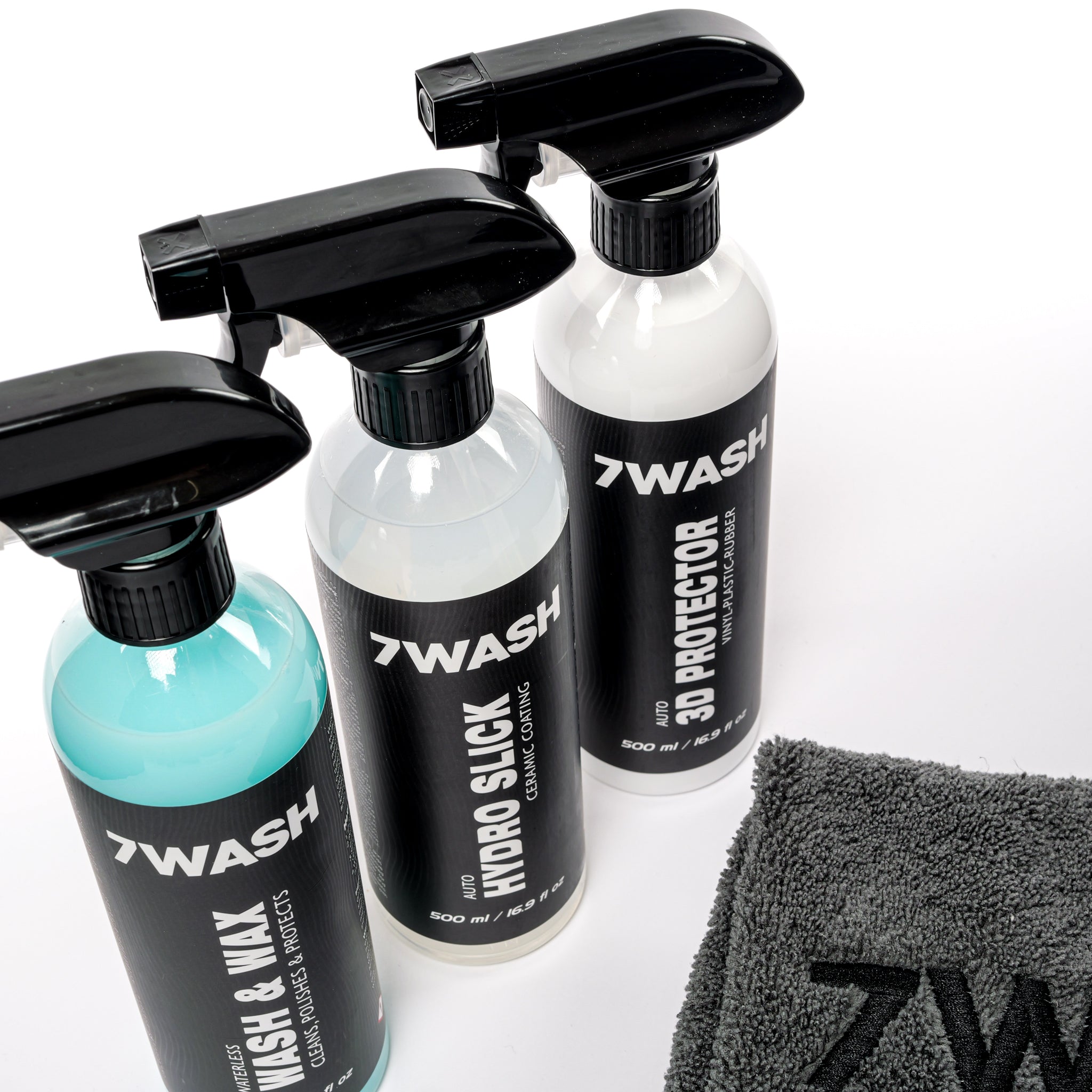 7WASH Autopflege Set mit Wash & Wax wasserlosem Autoreiniger, Hydro Slick Keramikversiegelung Spray, Vinyl Kunststoff Gummi Protector und hochwertigen Mikrofasertüchern für Autoreinigung, Lackschutz und tiefen Glanz beim Car Detailing