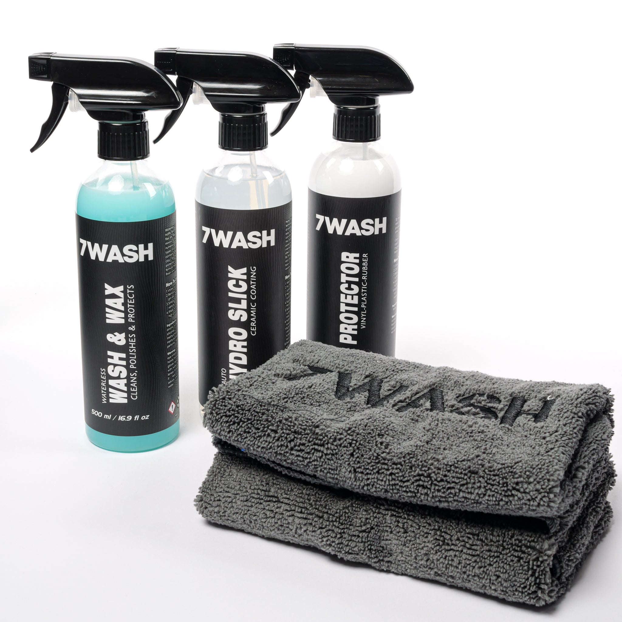 7WASH Autopflege Set mit Wash & Wax wasserlosem Autoreiniger, Hydro Slick Keramikversiegelung Spray, Vinyl Kunststoff Gummi Protector und hochwertigen Mikrofasertüchern für Autoreinigung, Lackschutz und tiefen Glanz beim Car Detailing