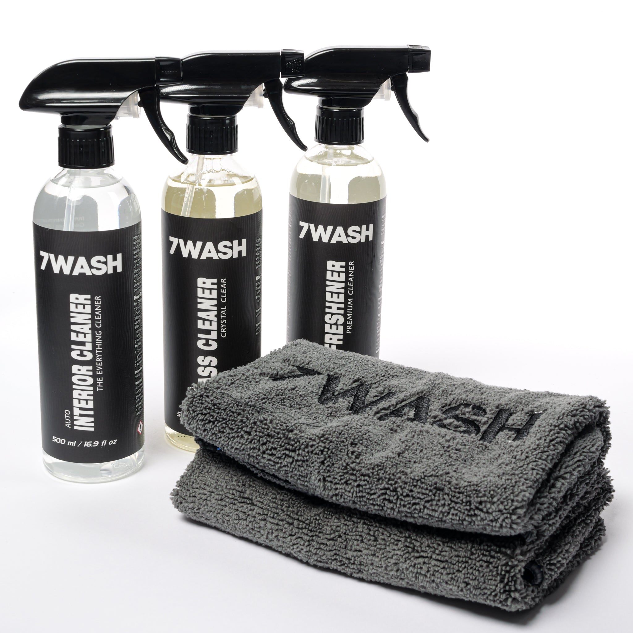 7WASH Innenraum Reinigungsset mit Interior Cleaner, Glasreiniger, Air Freshener und grauem Mikrofasertuch 40x40 cm