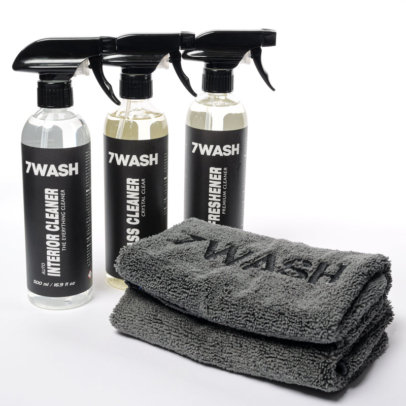 Interior cleaning kit – glass, leather, plastic & cockpit care with 7WASH microfiber cloth