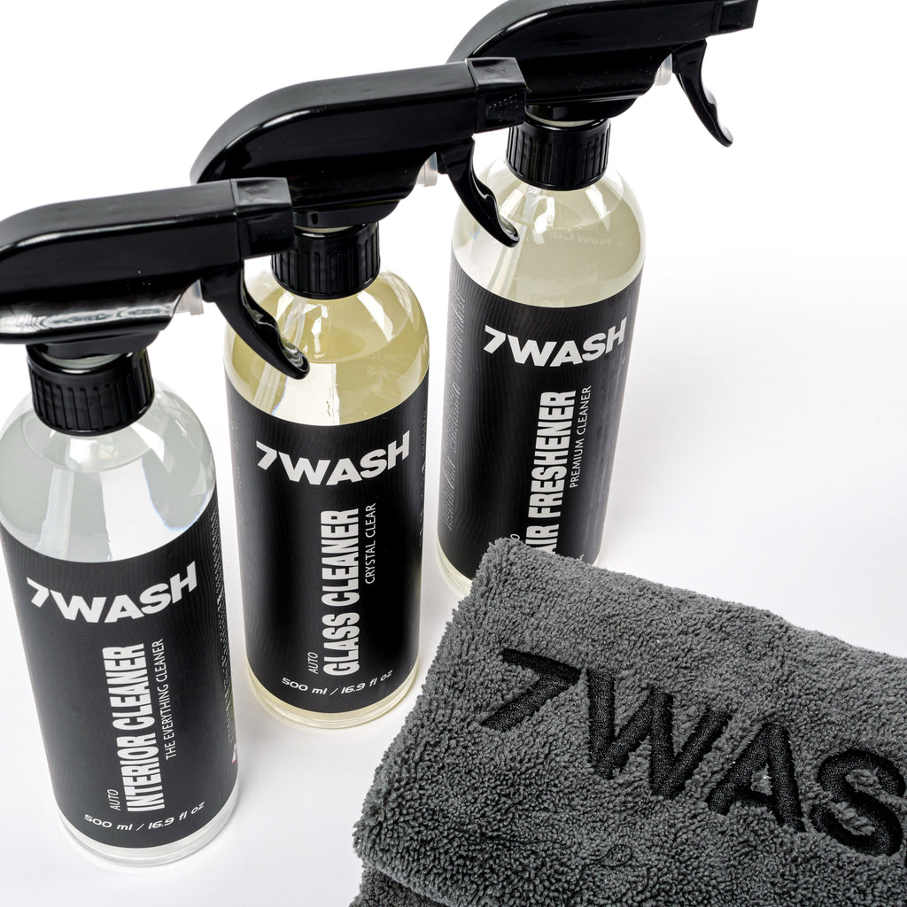7WASH Innenraum Reinigungsset mit Interior Cleaner, Glasreiniger, Air Freshener und grauem Mikrofasertuch 40x40 cm