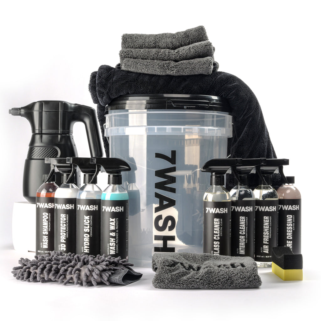 7WASH Autopflege Komplett Set mit Foamsprüher, Mikrofasertüchern, Wascheimer und Fahrzeugpflege Produkten