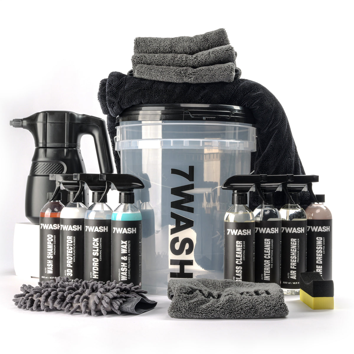 7WASH Autopflege Komplett Set mit Foamsprüher, Mikrofasertüchern, Wascheimer und Fahrzeugpflege Produkten