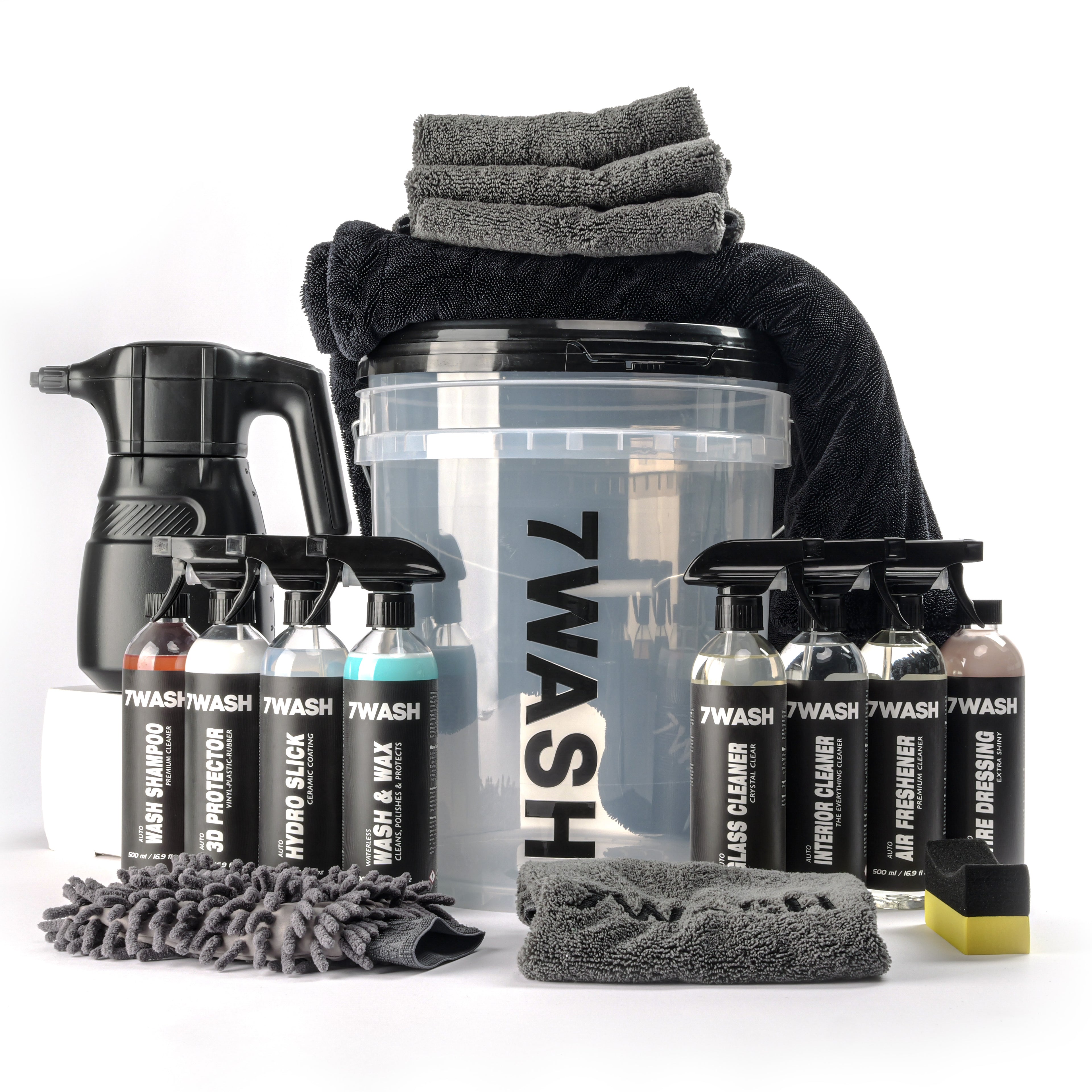 7WASH Autopflege Komplett Set mit Foamsprüher, Mikrofasertüchern, Wascheimer und Fahrzeugpflege Produkten