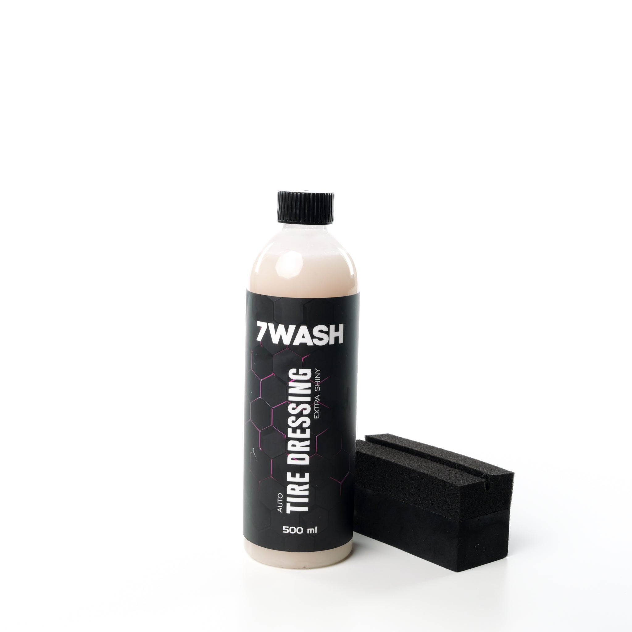 7WASH Tire Dressing Extra Shiny 500 ml mit schwarzem Auftragsschwamm für Reifenglanz und Reifenpflege