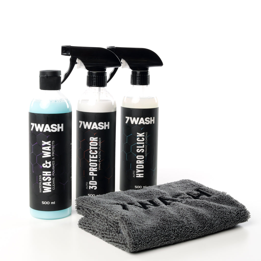 7WASH Pflege Set mit Wash & Wax, 3D Protector, Hydro Slick und grauem Mikrofasertuch 40x40 cm