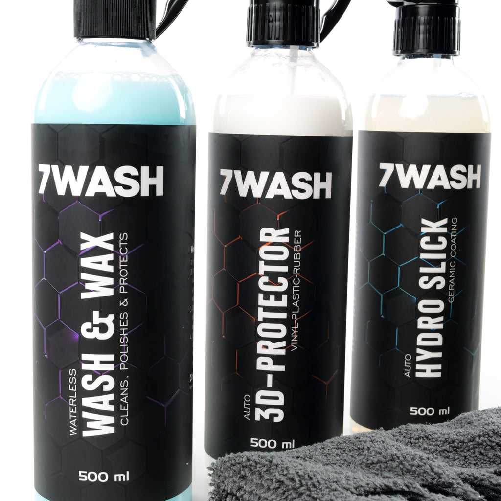7WASH Pflege Set mit Wash & Wax, 3D Protector, Hydro Slick und grauem Mikrofasertuch 40x40 cm