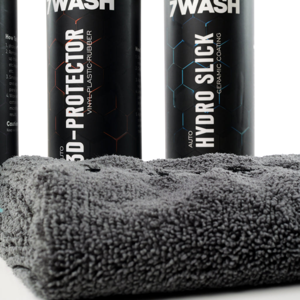 7WASH Pflege Set mit Wash & Wax, 3D Protector, Hydro Slick und grauem Mikrofasertuch 40x40 cm