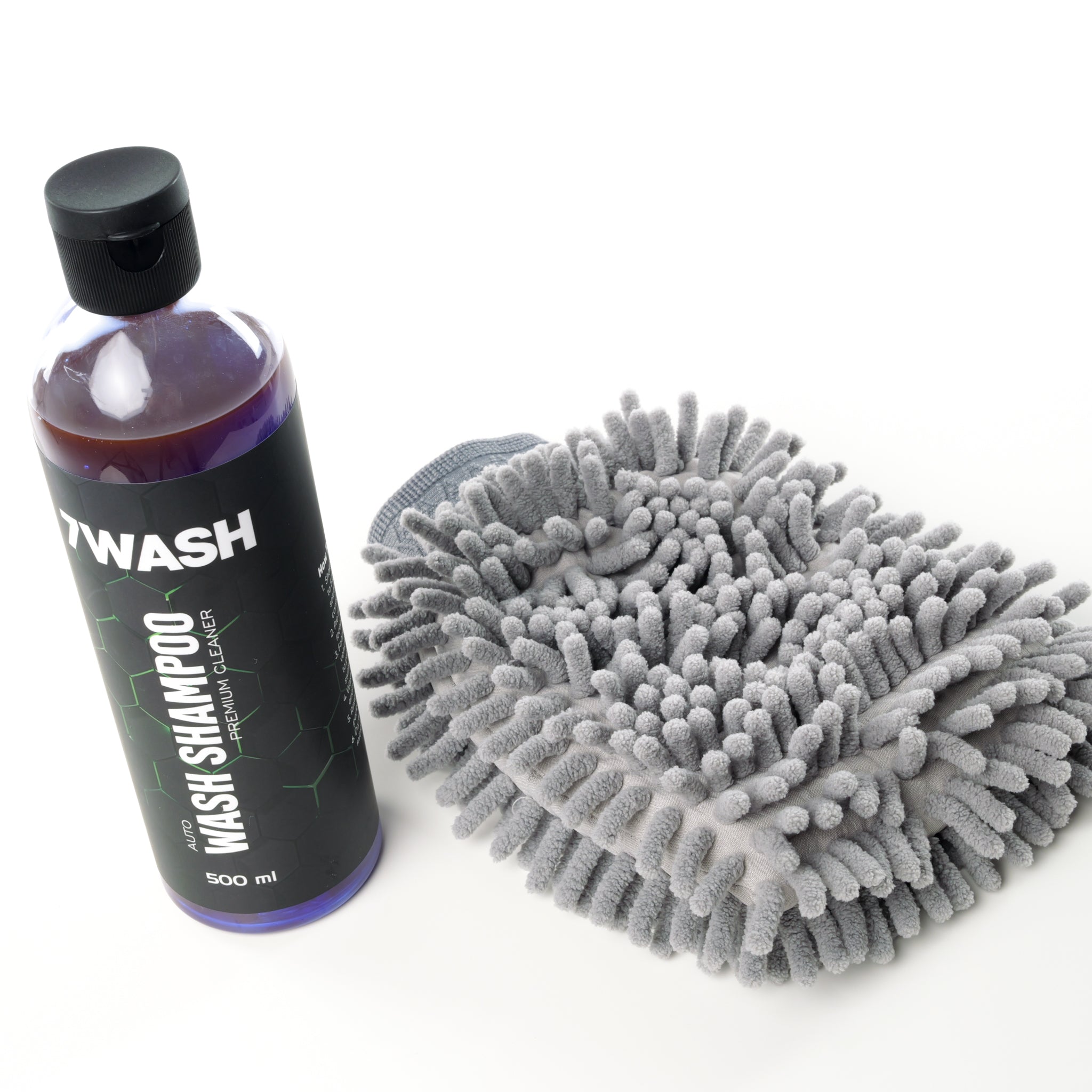 7WASH Shampoo Plus Set mit Autoshampoo 500 ml und grauem Mikrofaser Waschhandsch