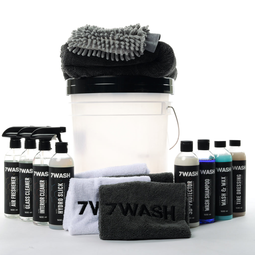 7WASH Autopflege Set ohne Foamsprüher mit Mikrofasertüchern, Wascheimer und Fahrzeugpflege Produkten
