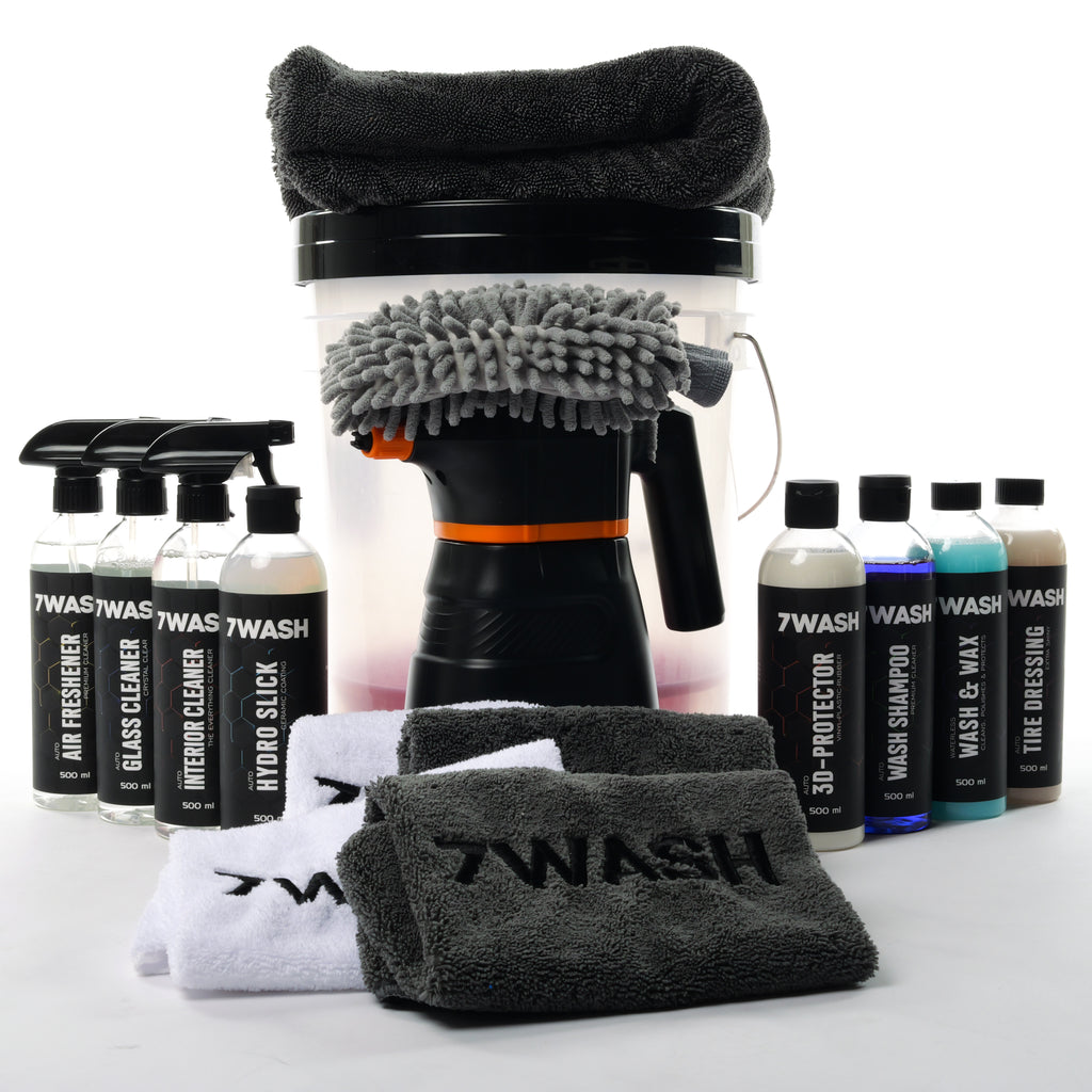 7WASH Autopflege Komplett Set mit Foamsprüher, Mikrofasertüchern, Wascheimer und Fahrzeugpflege Produkten