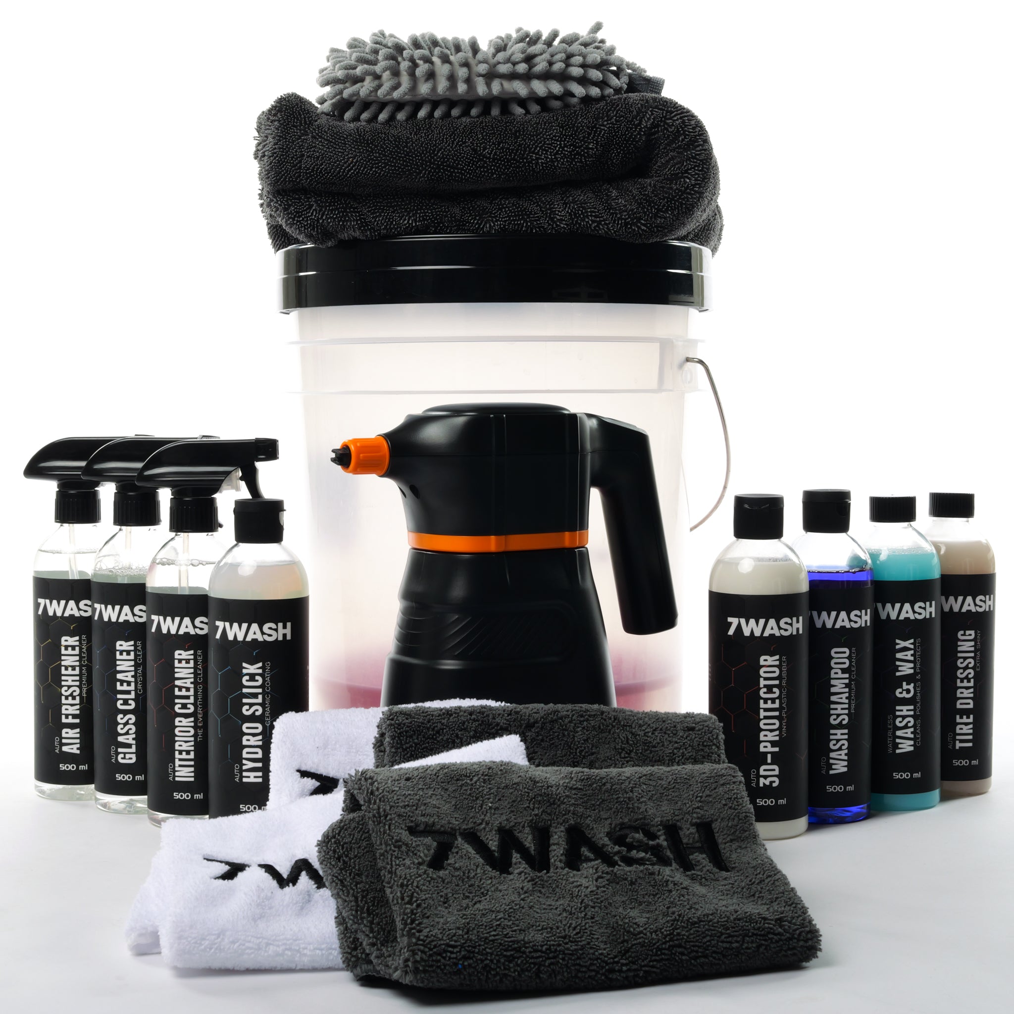 7WASH Autopflege Komplett Set mit Foamsprüher, Mikrofasertüchern, Wascheimer und Fahrzeugpflege Produkten