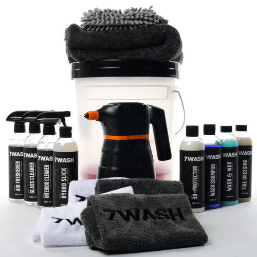 7WASH Autopflege Komplett Set mit Foamsprüher, Mikrofasertüchern, Wascheimer und Fahrzeugpflege Produkten