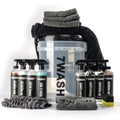 7WASH Exterior Auto-Pflegeset: Transparenter Eimer mit vier 500ml Reinigungsprodukten für Lack, Glas und Reifen sowie Waschzubehör.